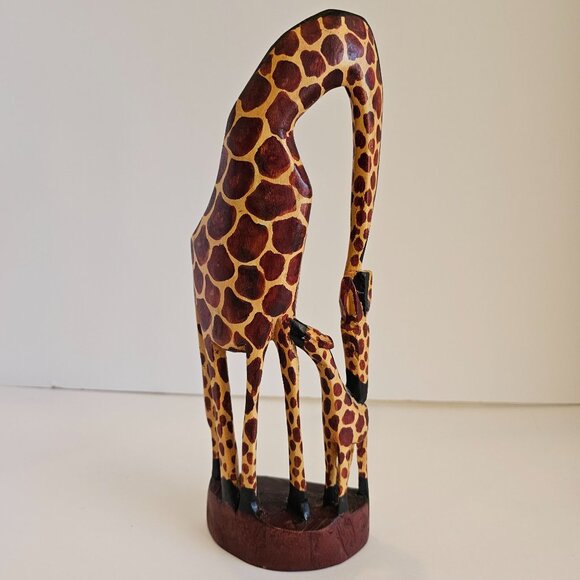 Hand Carved Wooden Giraffe Statue African Tribal Art Decor 12" Tall Brown/Yellow - Picture 3 of 5